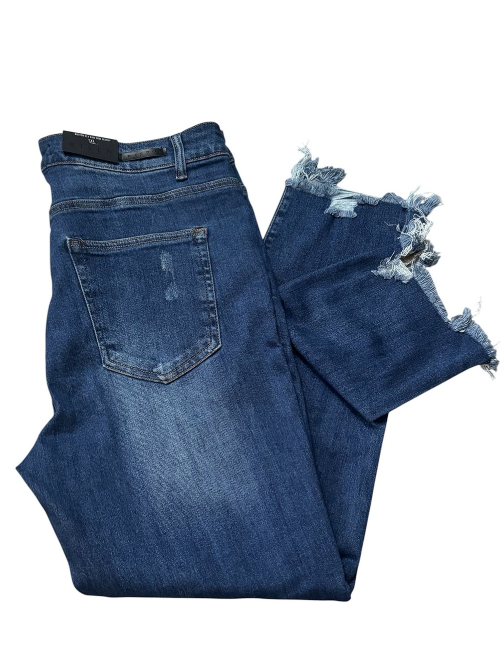 NWT RISEN Women’s 1XL Distressed Skinny Jeans Blue Med Wash Stretch Frayed Hem